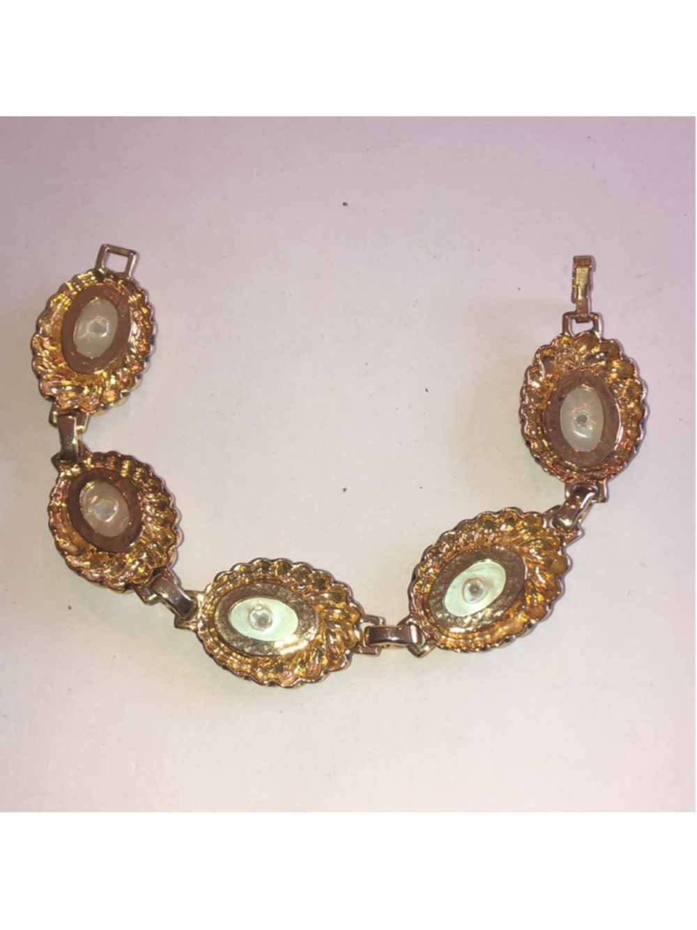 Angel Brand Signed Vintage Gold Tone Faux Pearl Bracelet - Picture 7 of 9